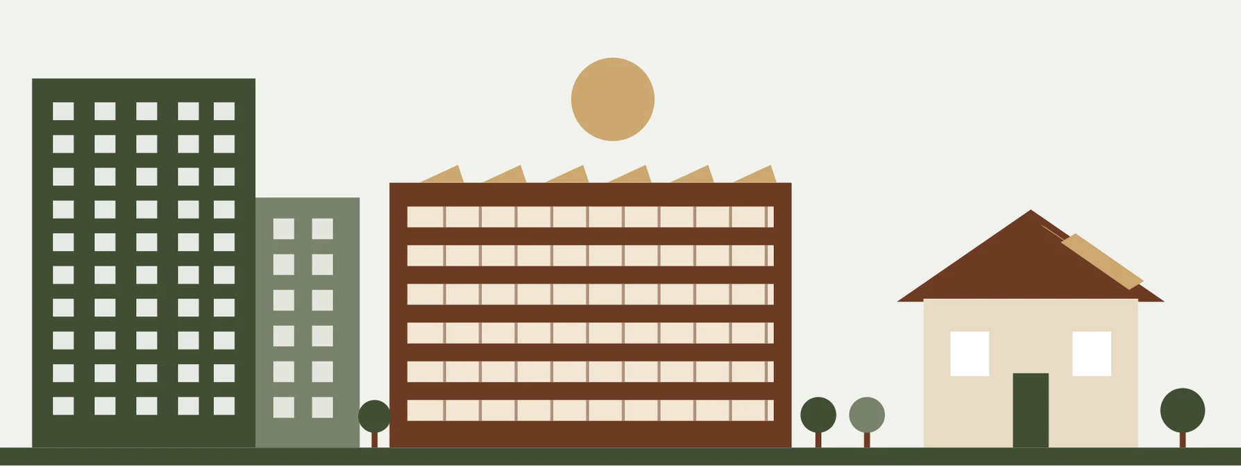 Illustration : maison, immeubles et bâtiment tertiaire